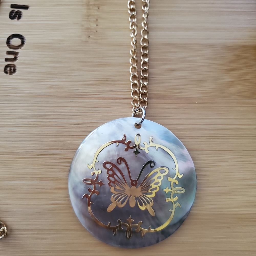 This a butterfly necklace on chain .